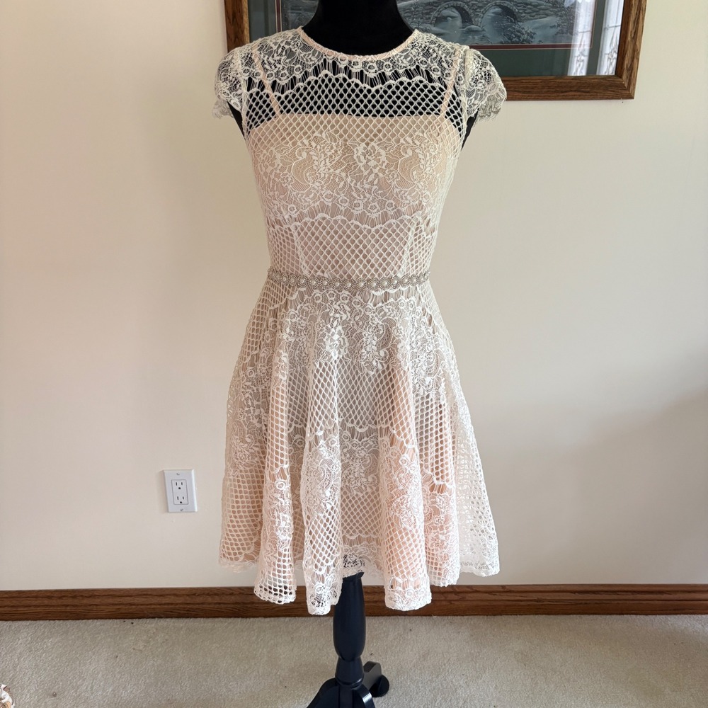 City Triangles Lace Fit and Flare Dress Womens 2 Ivory Jeweled Waist Cocktail